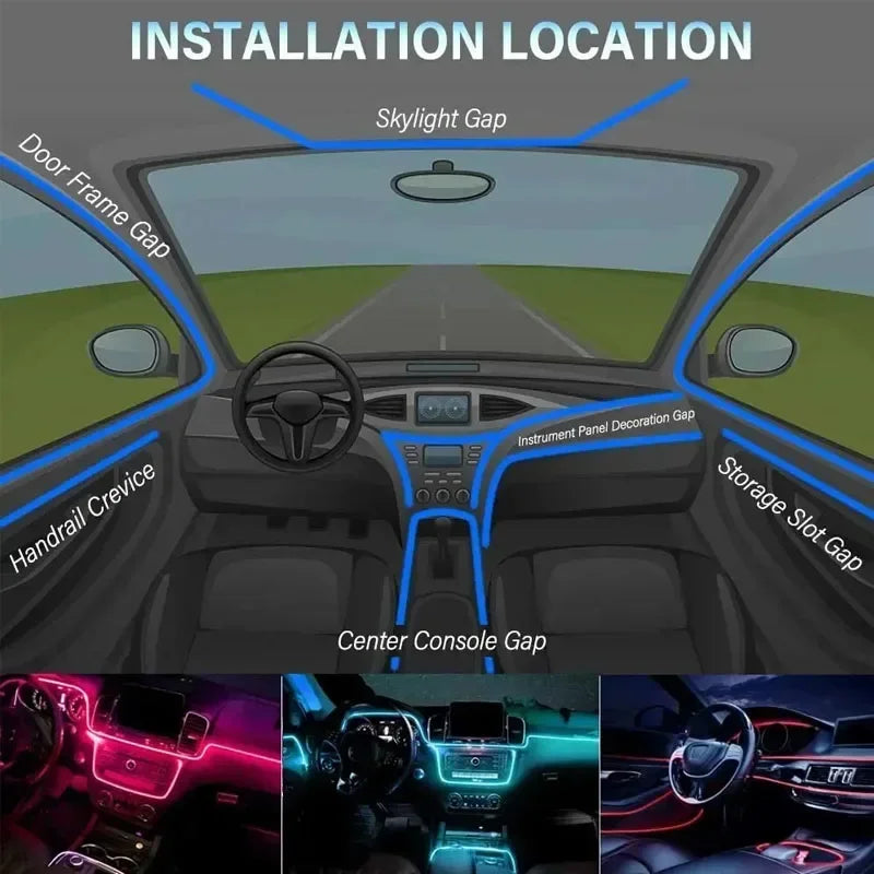 RGB Interior Ambient Light for Car Neon Atmosphere Fiber Optic Lights Strip Symphony Lighting USB Console Environment Decor Lamp
