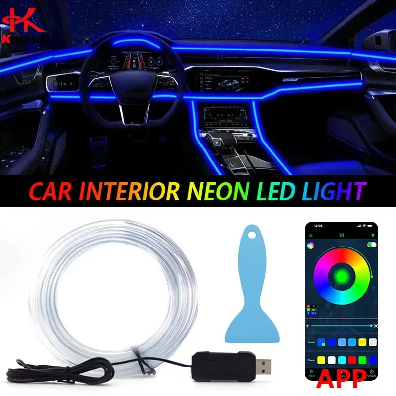 RGB Interior Ambient Light for Car Neon Atmosphere Fiber Optic Lights Strip Symphony Lighting USB Console Environment Decor Lamp